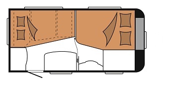 Rozklad przyczepa Hobby 410 - łóżka rozłożone